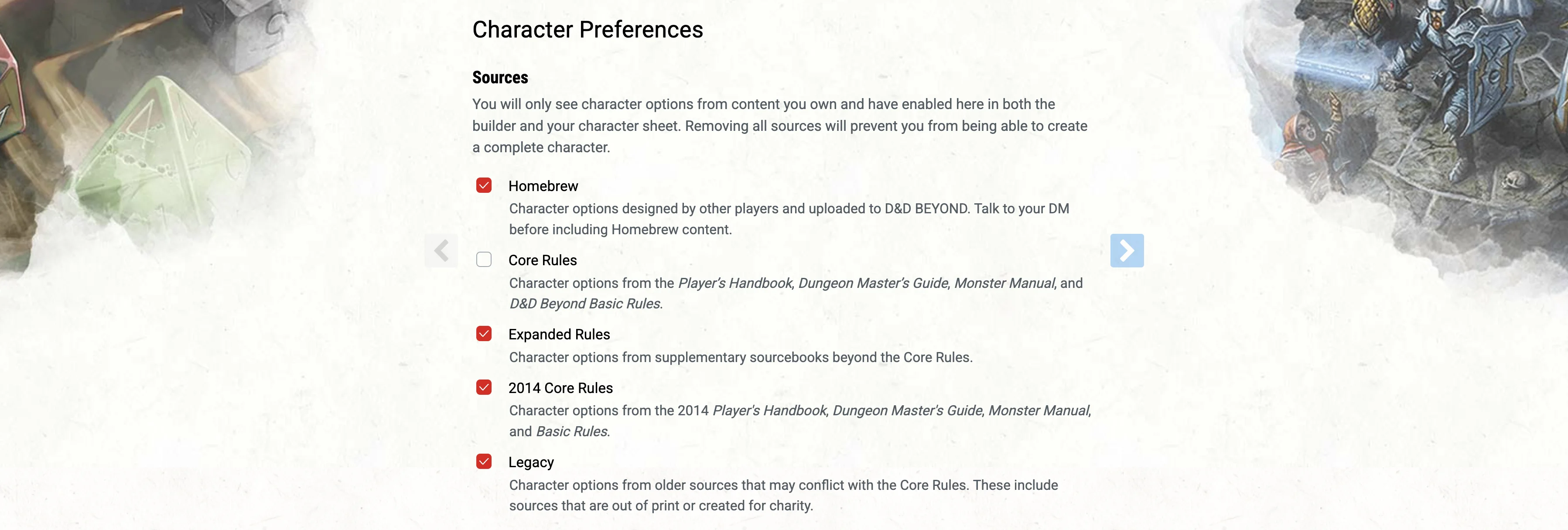 D&D Beyond: Sources for 2014 characters