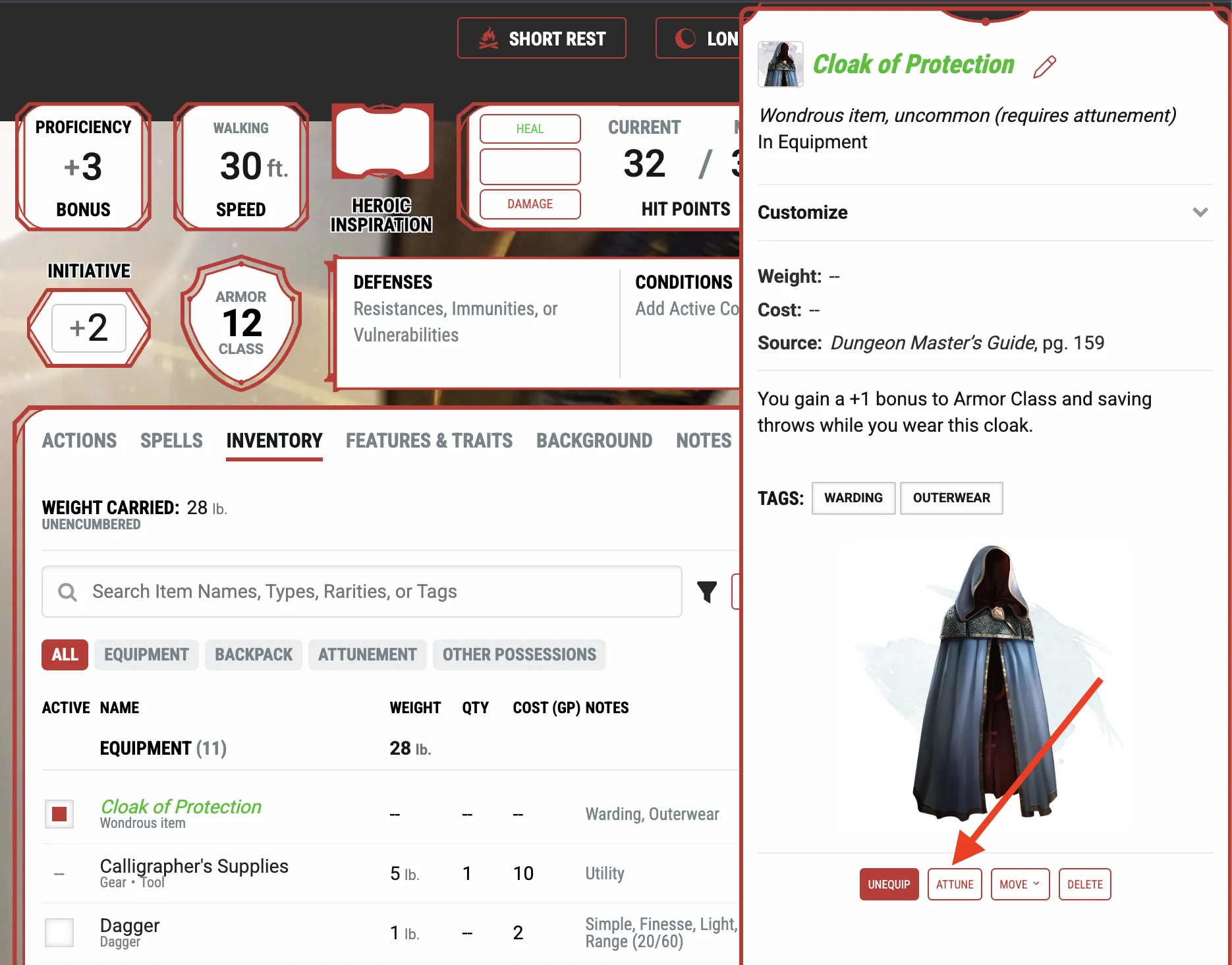 D&D Beyond: Character Sheet - Attunement