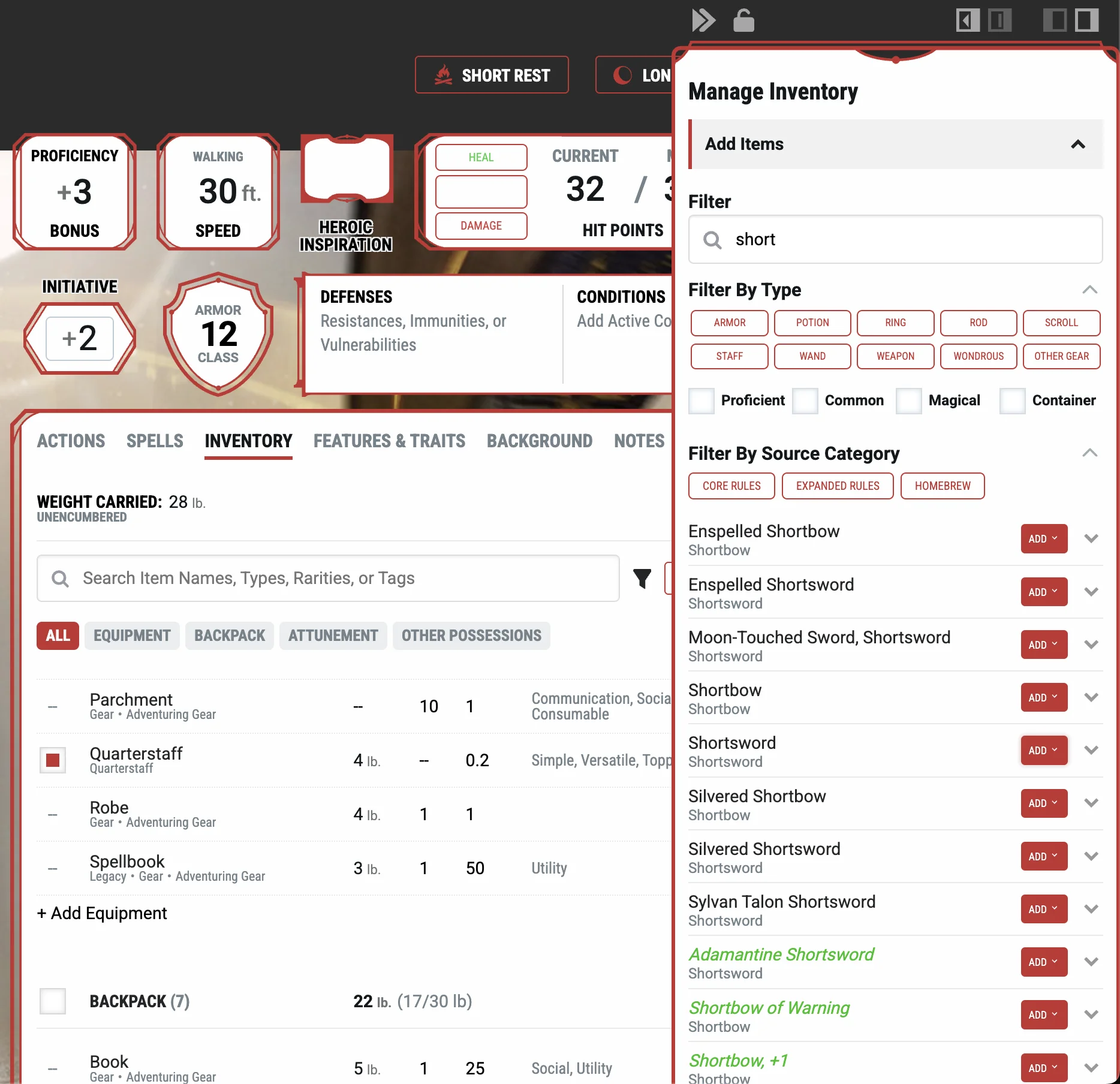 D&D Beyond: Character Sheet - Filter Items