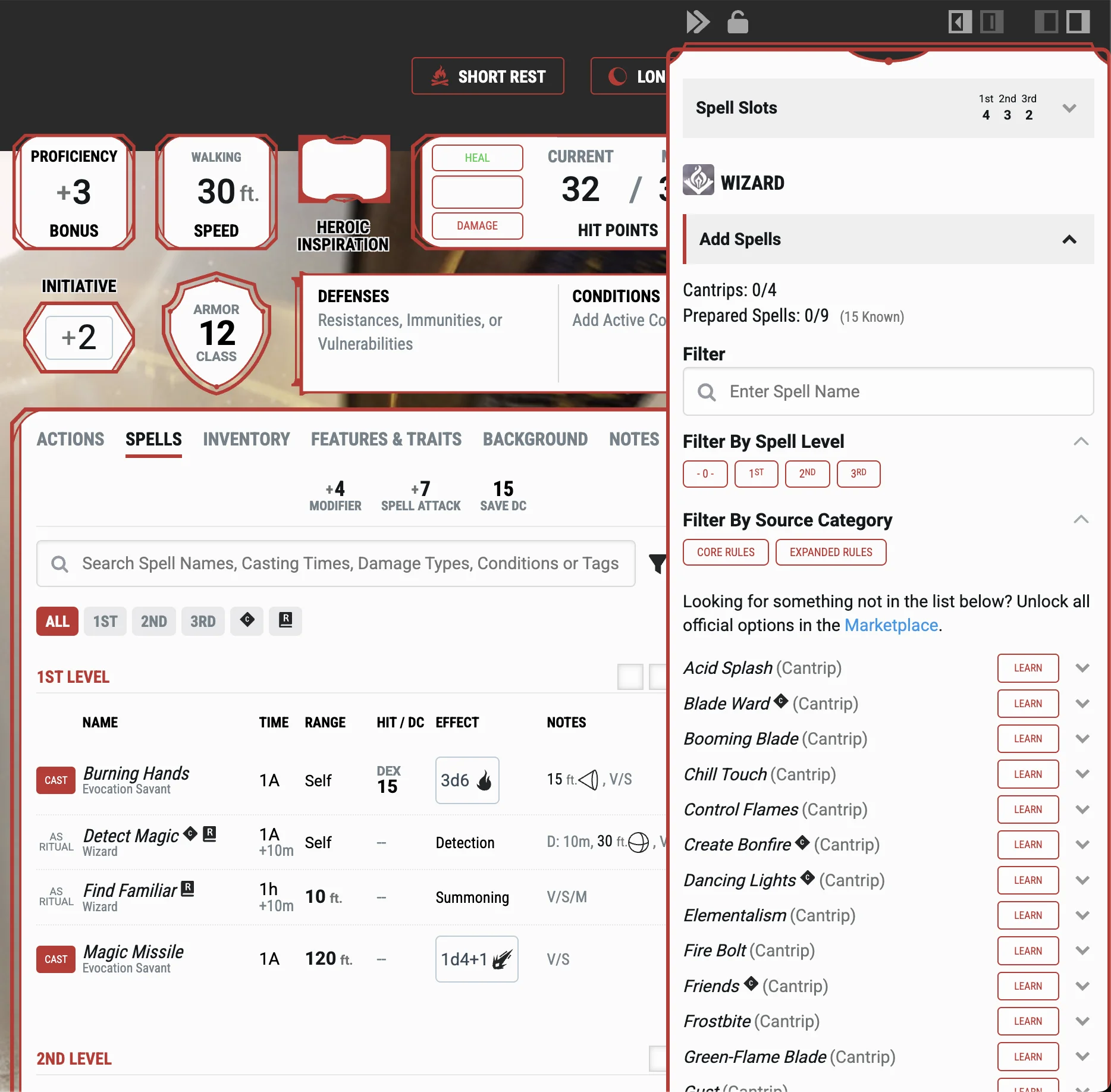 D&D Beyond: Character Sheet - Manage Spells