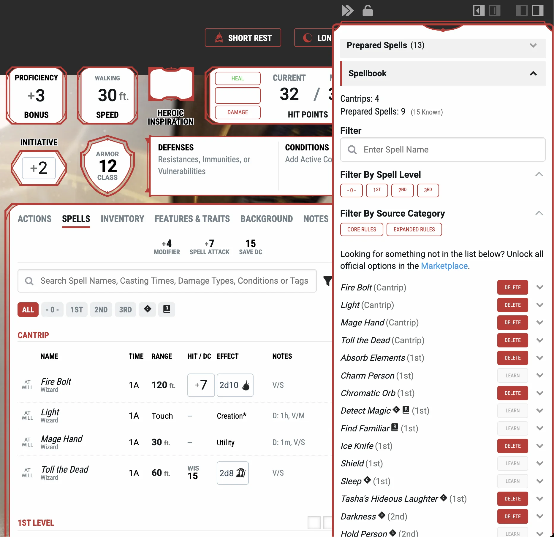 D&D Beyond: Character Sheet - Spellbook