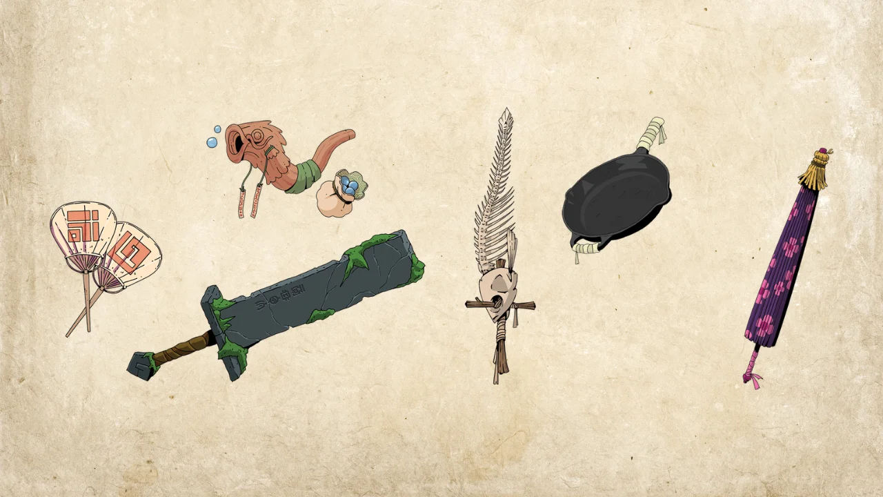 Fan, Nakudama Bubble Rod, Secret Stone Sword, Vertebrae Sword, Frying Pan and Umbrella